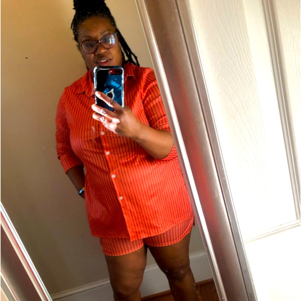 Striped Orange Button-Up Shirt and Shorts Set